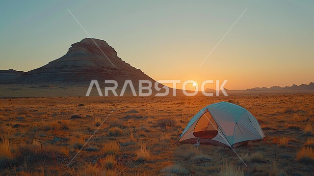 الطبيعة والتضاريس والمرتفعات الجبلية،أجواء التخييم الشبابية الممتعه، المغامرات والكشتات البرية، خيمة صغيرة منصوبة في منطقة صحراوية،  مخيمات سياحية في حقول وجبال المملكة العربية السعودية