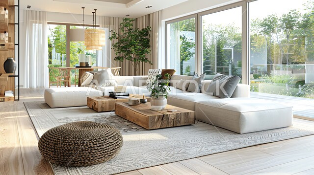 غرف جلوس بديكورات داخليه مع تحف وإكسسوارات, أثاث منزلي حديث انيق، شقق وفلل سكنية في السعودية، منتجعات وشاليهات راقية، غرفة معيشه بتصاميم عصرية حديثه، واجهات ونوافذ زجاجية كبيرة مطلة على الخارج