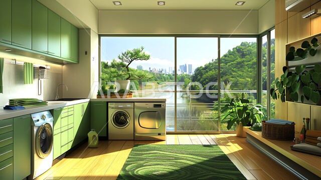 فنون الهندسة المعمارية المتميزة الحديثة، مطبخ باللون الأخضر بديكورات داخلية عصرية فاخرة، شقق وفلل سكنية في المملكة العربية السعودية، استخدام الطراز الفني الراقي في الأثاث المنزلي، واجهات زجاجية كبيرة مطلة على الطبيعة