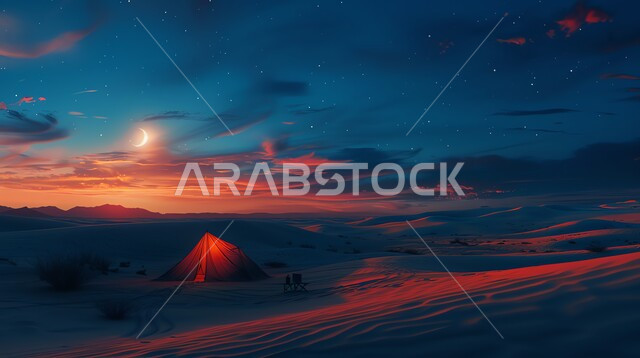 Fun youth camping atmosphere, quiet night session in the desert areas, tourist camp in the deserts of the Kingdom of Saudi Arabia, adventure and wild outing, soft golden sand and nature, popular tent in the desert areas