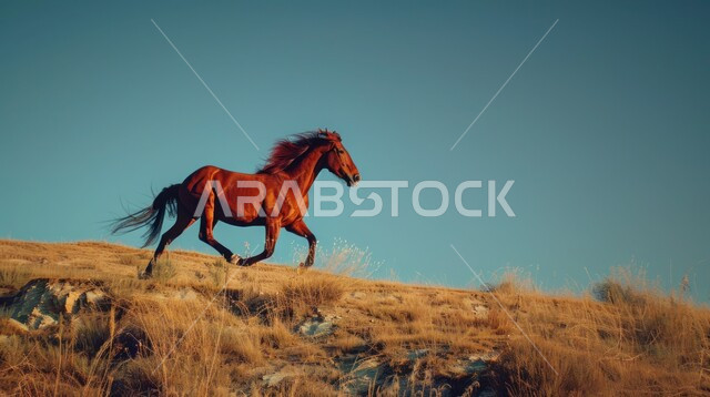 تربية وتدريب وترويض الخيول، توارث حب الخيول من الأجداد إلى الأحفاد، العناية والاهتمام بالجياد، حصان عربي أصيل بني اللون يعدو بسرعة في الحقل، شغف الفروسية ومهارة ركوب الخيل، المحميات الطبيعية في المملكة العربية السعودية