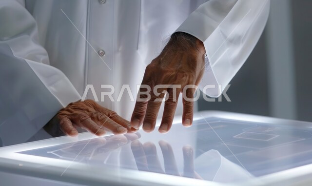 Technological growth and progress, close-up of the hand of an elderly Saudi Arabian Gulf man wearing traditional thobe touching and interacting with an illuminated electronic screen, use of modern electronic technologies, improving work efficiency