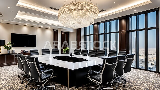 Office rooms with luxurious interior designs and decorations, large windows and glass facades overlooking the outside, modern contemporary design for offices in Saudi companies and commercial centers, spacious meeting room with a table surrounded by chairs, business hall and concluding agreements with the work team