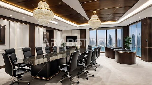 غرف مكتبية بتصاميم وديكورات داخلية فخمة، النوافذ والواجهات الزجاجية الكبيرة المطلة على الخارج، التصميم العصري الحديث للمكاتب في الشركات والمراكز التجارية السعودية، غرفة اجتماعات واسعة مع طاولة محاطة بكراسي، قاعة الأعمال وعقد الاتفاقات مع فريق العمل
