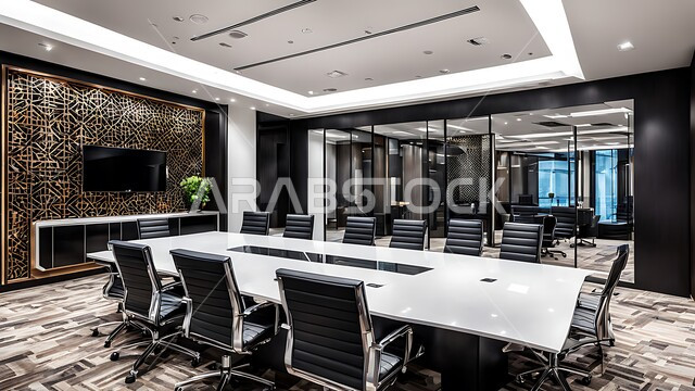 غرف مكتبية بتصاميم وديكورات داخلية فخمة، النوافذ والواجهات الزجاجية الكبيرة المطلة على الخارج، التصميم العصري الحديث للمكاتب في الشركات والمراكز التجارية السعودية، غرفة اجتماعات واسعة مع طاولة محاطة بكراسي، قاعة الأعمال وعقد الاتفاقات مع فريق العمل