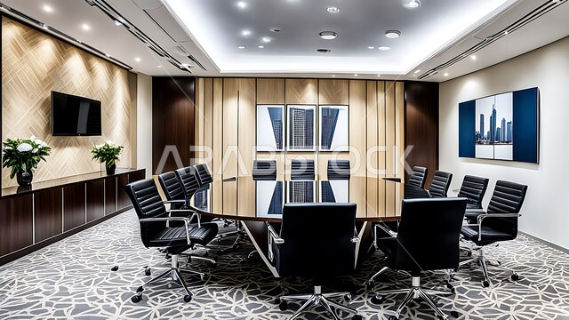 النوافذ والواجهات الزجاجية الكبيرة المطلة على الخارج، غرف مكتبية بتصاميم وديكورات داخلية فخمة، التصميم العصري الحديث للمكاتب في الشركات والمراكز التجارية السعودية، غرفة اجتماعات واسعة مع طاولة محاطة بكراسي، قاعة الأعمال وعقد الاتفاقات مع فريق العمل