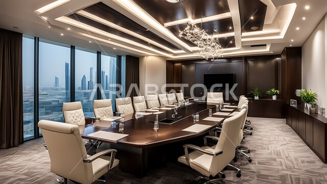 النوافذ والواجهات الزجاجية الكبيرة المطلة على الخارج، غرف مكتبية بتصاميم وديكورات داخلية فخمة، التصميم العصري الحديث للمكاتب في الشركات والمراكز التجارية السعودية، غرفة اجتماعات واسعة مع طاولة محاطة بكراسي، قاعة الأعمال وعقد الاتفاقات مع فريق العمل