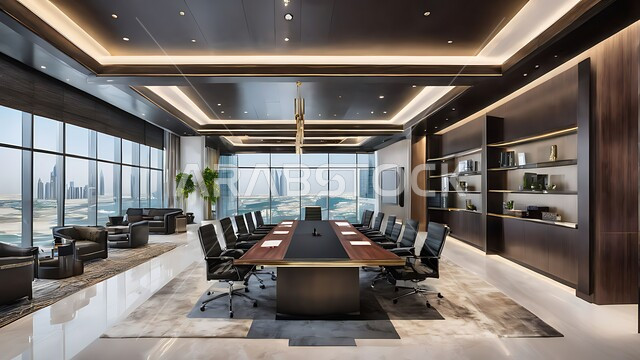 النوافذ والواجهات الزجاجية الكبيرة المطلة على الخارج، غرف مكتبية بتصاميم وديكورات داخلية فخمة، التصميم العصري الحديث للمكاتب في الشركات والمراكز التجارية السعودية، غرفة اجتماعات واسعة مع طاولة محاطة بكراسي، قاعة الأعمال وعقد الاتفاقات مع فريق العمل