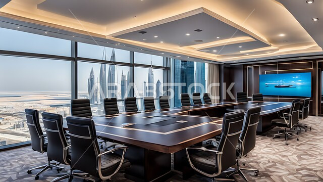 النوافذ والواجهات الزجاجية الكبيرة المطلة على الخارج، غرف مكتبية بتصاميم وديكورات داخلية فخمة، التصميم العصري الحديث للمكاتب في الشركات والمراكز التجارية السعودية، غرفة اجتماعات واسعة مع طاولة محاطة بكراسي، قاعة الأعمال وعقد الاتفاقات مع فريق العمل