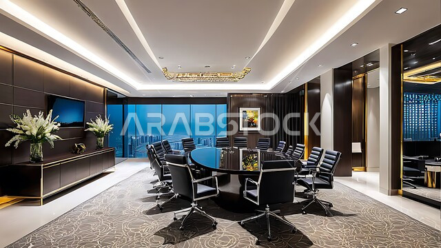 النوافذ والواجهات الزجاجية الكبيرة المطلة على الخارج، غرف مكتبية بتصاميم وديكورات داخلية فخمة، التصميم العصري الحديث للمكاتب في الشركات والمراكز التجارية السعودية، غرفة اجتماعات واسعة مع طاولة محاطة بكراسي، قاعة الأعمال وعقد الاتفاقات مع فريق العمل
