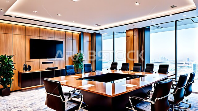  غرفة اجتماعات واسعة مع طاولة محاطة بكراسي، التصميم العصري الحديث للمكاتب في الشركات والمراكز التجارية السعودية، النوافذ والواجهات الزجاجية الكبيرة المطلة على الخارج، غرف مكتبية بتصاميم وديكورات داخلية فخمة، قاعة الأعمال وعقد الاتفاقات مع فريق العمل