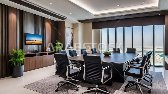  غرفة اجتماعات واسعة مع طاولة محاطة بكراسي، التصميم العصري الحديث للمكاتب في الشركات والمراكز التجارية السعودية، النوافذ والواجهات الزجاجية الكبيرة المطلة على الخارج، غرف مكتبية بتصاميم وديكورات داخلية فخمة، قاعة الأعمال وعقد الاتفاقات مع فريق العمل