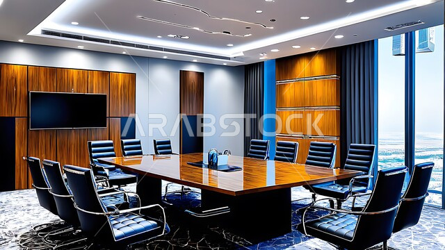  غرفة اجتماعات واسعة مع طاولة محاطة بكراسي، التصميم العصري الحديث للمكاتب في الشركات والمراكز التجارية السعودية، النوافذ والواجهات الزجاجية الكبيرة المطلة على الخارج، غرف مكتبية بتصاميم وديكورات داخلية فخمة، قاعة الأعمال وعقد الاتفاقات مع فريق العمل