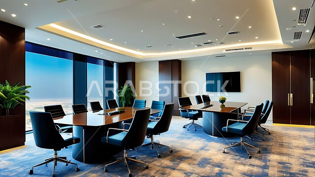  غرفة اجتماعات واسعة مع طاولة محاطة بكراسي، التصميم العصري الحديث للمكاتب في الشركات والمراكز التجارية السعودية، النوافذ والواجهات الزجاجية الكبيرة المطلة على الخارج، غرف مكتبية بتصاميم وديكورات داخلية فخمة، قاعة الأعمال وعقد الاتفاقات مع فريق العمل