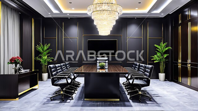  غرفة اجتماعات واسعة مع طاولة محاطة بكراسي، التصميم العصري الحديث للمكاتب في الشركات والمراكز التجارية السعودية، النوافذ والواجهات الزجاجية الكبيرة المطلة على الخارج، غرف مكتبية بتصاميم وديكورات داخلية فخمة، قاعة الأعمال وعقد الاتفاقات مع فريق العمل