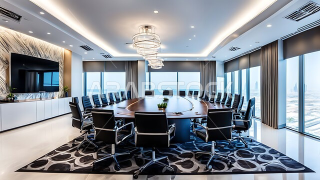  قاعة الأعمال وعقد الاتفاقات مع فريق العمل، غرفة اجتماعات واسعة مع طاولة محاطة بكراسي، التصميم العصري الحديث للمكاتب في الشركات والمراكز التجارية السعودية، النوافذ والواجهات الزجاجية الكبيرة المطلة على الخارج، غرف مكتبية بتصاميم وديكورات داخلية فخمة