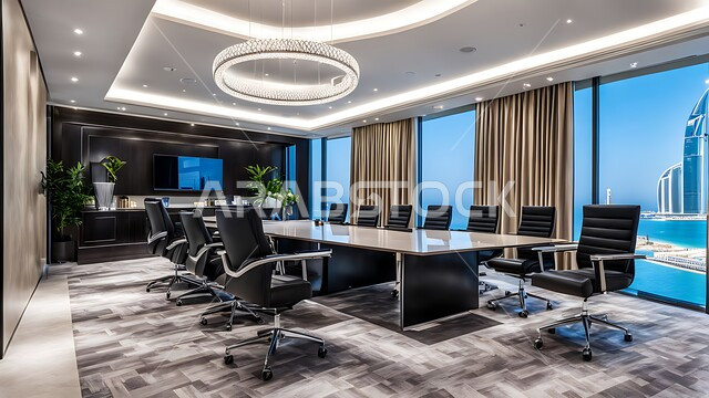  قاعة الأعمال وعقد الاتفاقات مع فريق العمل، غرفة اجتماعات واسعة مع طاولة محاطة بكراسي، التصميم العصري الحديث للمكاتب في الشركات والمراكز التجارية السعودية، النوافذ والواجهات الزجاجية الكبيرة المطلة على الخارج، غرف مكتبية بتصاميم وديكورات داخلية فخمة