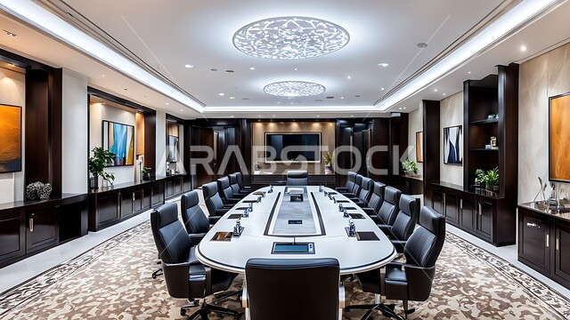  قاعة الأعمال وعقد الاتفاقات مع فريق العمل، غرفة اجتماعات واسعة مع طاولة محاطة بكراسي، التصميم العصري الحديث للمكاتب في الشركات والمراكز التجارية السعودية، النوافذ والواجهات الزجاجية الكبيرة المطلة على الخارج، غرف مكتبية بتصاميم وديكورات داخلية فخمة