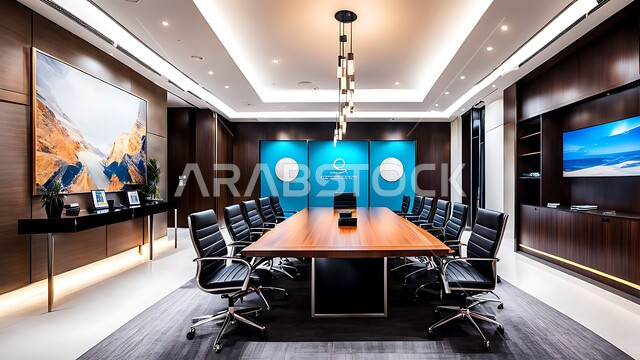  قاعة الأعمال وعقد الاتفاقات مع فريق العمل، غرفة اجتماعات واسعة مع طاولة محاطة بكراسي، التصميم العصري الحديث للمكاتب في الشركات والمراكز التجارية السعودية، النوافذ والواجهات الزجاجية الكبيرة المطلة على الخارج، غرف مكتبية بتصاميم وديكورات داخلية فخمة
