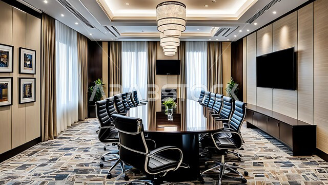  قاعة الأعمال وعقد الاتفاقات مع فريق العمل، غرفة اجتماعات واسعة مع طاولة محاطة بكراسي، التصميم العصري الحديث للمكاتب في الشركات والمراكز التجارية السعودية، النوافذ والواجهات الزجاجية الكبيرة المطلة على الخارج، غرف مكتبية بتصاميم وديكورات داخلية فخمة