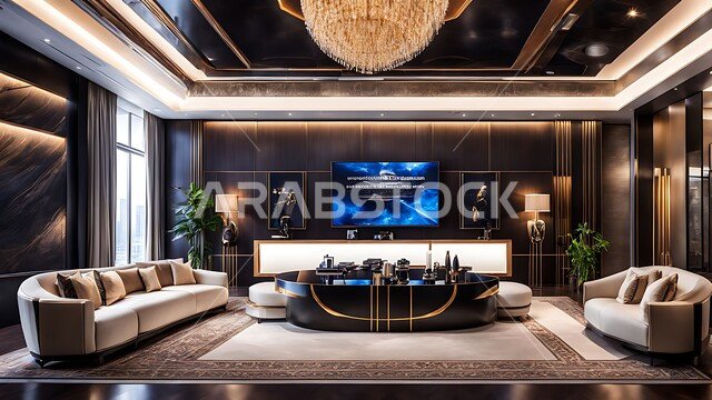  قاعة الأعمال وعقد الاتفاقات مع فريق العمل، غرفة اجتماعات واسعة مع طاولة محاطة بكراسي، التصميم العصري الحديث للمكاتب في الشركات والمراكز التجارية السعودية، النوافذ والواجهات الزجاجية الكبيرة المطلة على الخارج، غرف مكتبية بتصاميم وديكورات داخلية فخمة