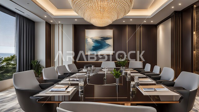 قاعات مكتبية بتصاميم وديكورات داخلية فخمة، النوافذ والواجهات الزجاجية الكبيرة المطلة على الخارج، التصميم العصري الحديث للمكاتب في الشركات والمراكز التجارية السعودية، غرفة اجتماعات واسعة مع طاولة محاطة بكراسي، غرف الأعمال وعقد الاتفاقات مع فريق العمل