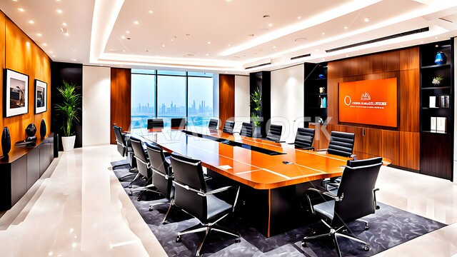 قاعات مكتبية بتصاميم وديكورات داخلية فخمة، النوافذ والواجهات الزجاجية الكبيرة المطلة على الخارج، التصميم العصري الحديث للمكاتب في الشركات والمراكز التجارية السعودية، غرفة اجتماعات واسعة مع طاولة محاطة بكراسي، غرف الأعمال وعقد الاتفاقات مع فريق العمل