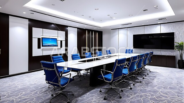قاعات مكتبية بتصاميم وديكورات داخلية فخمة، النوافذ والواجهات الزجاجية الكبيرة المطلة على الخارج، التصميم العصري الحديث للمكاتب في الشركات والمراكز التجارية السعودية، غرفة اجتماعات واسعة مع طاولة محاطة بكراسي، غرف الأعمال وعقد الاتفاقات مع فريق العمل