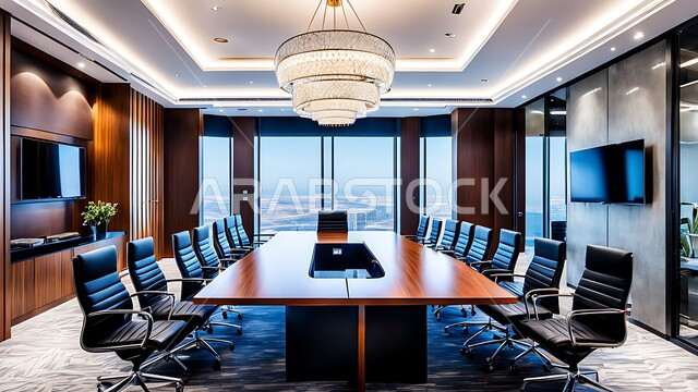 قاعات مكتبية بتصاميم وديكورات داخلية فخمة، النوافذ والواجهات الزجاجية الكبيرة المطلة على الخارج، التصميم العصري الحديث للمكاتب في الشركات والمراكز التجارية السعودية، غرفة اجتماعات واسعة مع طاولة محاطة بكراسي، غرف الأعمال وعقد الاتفاقات مع فريق العمل