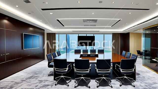 غرفة اجتماعات واسعة مع طاولة محاطة بكراسي، قاعات مكتبية بتصاميم وديكورات داخلية فخمة، النوافذ والواجهات الزجاجية الكبيرة المطلة على الخارج، التصميم العصري الحديث للمكاتب في الشركات والمراكز التجارية السعودية، غرف الأعمال وعقد الاتفاقات مع فريق العمل