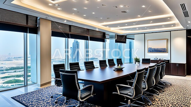 غرفة اجتماعات واسعة مع طاولة محاطة بكراسي، قاعات مكتبية بتصاميم وديكورات داخلية فخمة، النوافذ والواجهات الزجاجية الكبيرة المطلة على الخارج، التصميم العصري الحديث للمكاتب في الشركات والمراكز التجارية السعودية، غرف الأعمال وعقد الاتفاقات مع فريق العمل
