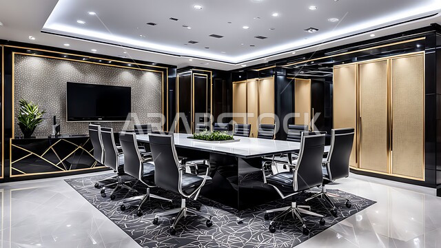 غرفة اجتماعات واسعة مع طاولة محاطة بكراسي، قاعات مكتبية بتصاميم وديكورات داخلية فخمة، النوافذ والواجهات الزجاجية الكبيرة المطلة على الخارج، التصميم العصري الحديث للمكاتب في الشركات والمراكز التجارية السعودية، غرف الأعمال وعقد الاتفاقات مع فريق العمل