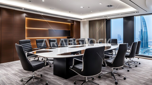 Spacious meeting room with table surrounded by chairs, office halls with luxurious interior designs and decorations, large windows and glass facades overlooking the outside, modern contemporary design for offices in Saudi companies and commercial centers, business rooms and concluding agreements with the work team