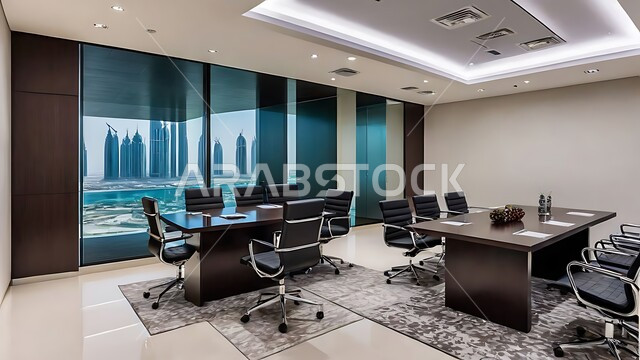 Business rooms and concluding agreements with the work team, a spacious meeting room with a table surrounded by chairs, office halls with luxurious interior designs and decorations, large windows and glass facades overlooking the outside, modern contemporary design for offices in Saudi companies and commercial centers
