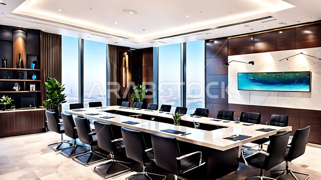 Business rooms and concluding agreements with the work team, a spacious meeting room with a table surrounded by chairs, office halls with luxurious interior designs and decorations, large windows and glass facades overlooking the outside, modern contemporary design for offices in Saudi companies and commercial centers