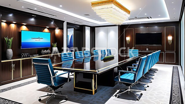 غرف الأعمال وعقد الاتفاقات مع فريق العمل، غرفة اجتماعات واسعة مع طاولة محاطة بكراسي، قاعات مكتبية بتصاميم وديكورات داخلية فخمة، النوافذ والواجهات الزجاجية الكبيرة المطلة على الخارج، التصميم العصري الحديث للمكاتب في الشركات والمراكز التجارية السعودية