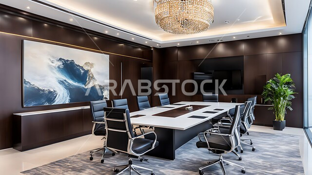 Business rooms and concluding agreements with the work team, a spacious meeting room with a table surrounded by chairs, office halls with luxurious interior designs and decorations, large windows and glass facades overlooking the outside, modern contemporary design for offices in Saudi companies and commercial centers