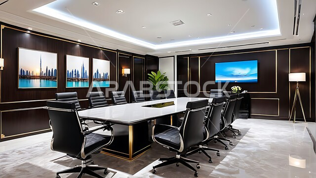 غرف الأعمال وعقد الاتفاقات مع فريق العمل، غرفة اجتماعات واسعة مع طاولة محاطة بكراسي، قاعات مكتبية بتصاميم وديكورات داخلية فخمة، النوافذ والواجهات الزجاجية الكبيرة المطلة على الخارج، التصميم العصري الحديث للمكاتب في الشركات والمراكز التجارية السعودية