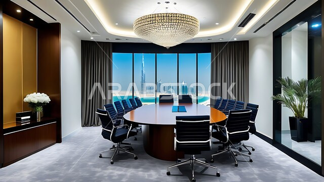 Large glass windows and facades overlooking the outside, business rooms and agreements with the work team, a spacious meeting room with a table surrounded by chairs, office halls with luxurious interior designs and decorations, modern contemporary design for offices in Saudi companies and commercial centers