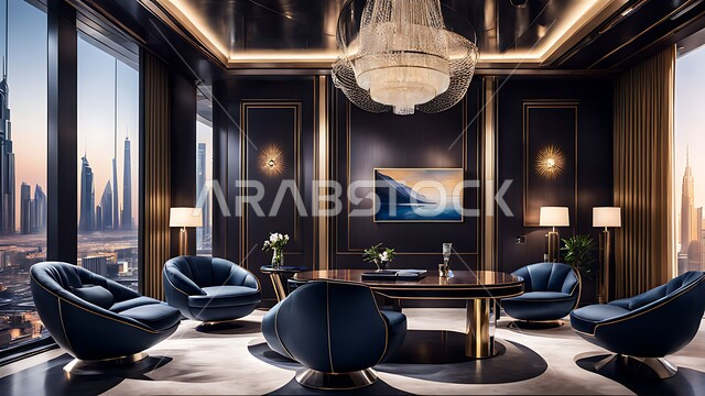 Large glass windows and facades overlooking the outside, business rooms and agreements with the work team, a spacious meeting room with a table surrounded by chairs, office halls with luxurious interior designs and decorations, modern contemporary design for offices in Saudi companies and commercial centers