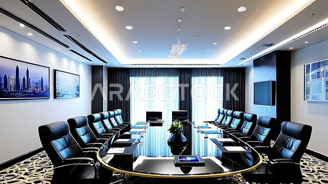 Large glass windows and facades overlooking the outside, business rooms and agreements with the work team, a spacious meeting room with a table surrounded by chairs, office halls with luxurious interior designs and decorations, modern contemporary design for offices in Saudi companies and commercial centers