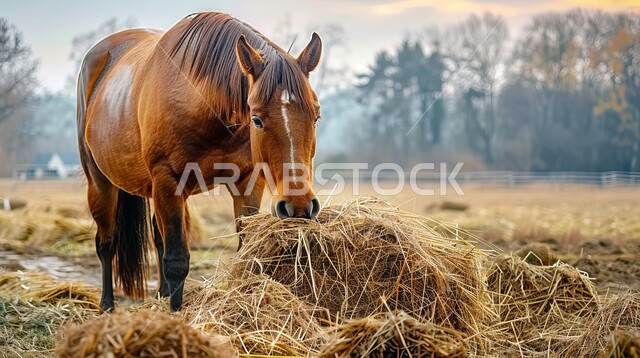تربية وتدريب وترويض الخيول، توارث حب الخيول من الأجداد إلى الأحفاد، العناية والاهتمام بالجياد، حصان عربي أصيل بني اللون يأكل التبن في الحقل، شغف الفروسية ومهارة ركوب الخيل، المحميات الطبيعية في المملكة العربية السعودية