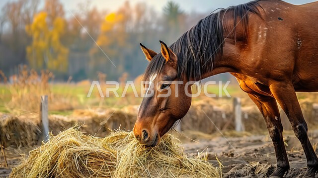 تربية وتدريب وترويض الخيول، توارث حب الخيول من الأجداد إلى الأحفاد، العناية والاهتمام بالجياد، حصان عربي أصيل بني اللون يأكل التبن في الحقل، شغف الفروسية ومهارة ركوب الخيل، المحميات الطبيعية في المملكة العربية السعودية