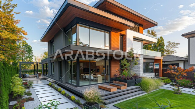 الفن الهندسي المعماري بواجهات ضخمة زجاجية, ديكورات وتصاميم خارجية عصرية متميزة على الطراز الحديث,  البناء الخارجي الحديث المتطور للفنون الهندسية, الاهتمام بزراعة الأشجار.