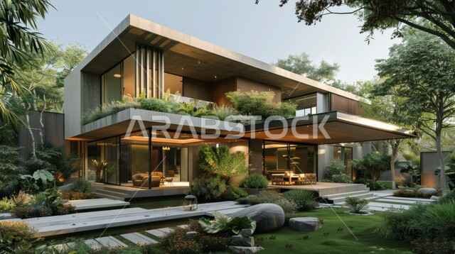 الفن الهندسي المعماري بواجهات ضخمة زجاجية, ديكورات وتصاميم خارجية عصرية متميزة على الطراز الحديث,  البناء الخارجي الحديث المتطور للفنون الهندسية, الاهتمام بزراعة الأشجار.