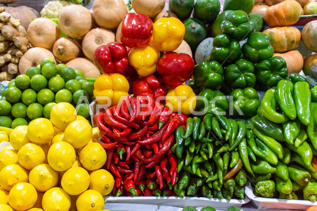 Vegetable and fruit market in Deira area of ​​Dubai, UAE, national agricultural products and crops, harvest season of agricultural crops in farms, healthy and useful foods, interest in local agriculture and self-sufficiency, selling fresh vegetables and fruits in traditional popular markets