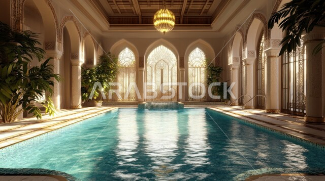 Comfortable places to lie by the pool, a concept for relaxation, meditation and getting away from work pressures, comfortable interior decorations and furniture for hotels in Saudi Arabia, interest in planting green plants, a swimming pool inside a luxury resort