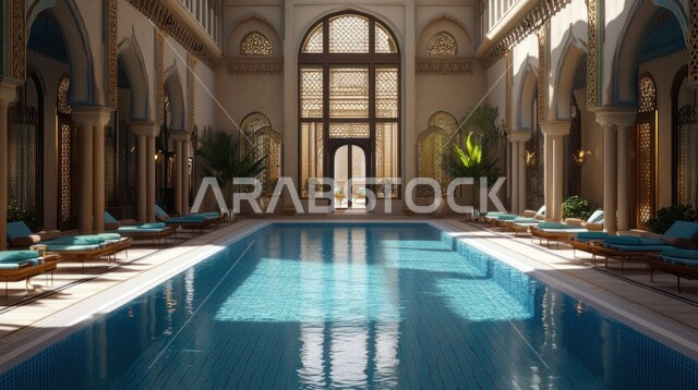 أماكن مريحة للاستلقاء بجانب حمام السباحة، مفهوم للاسترخاء والتأمل والابتعاد عن ضغوط العمل، الديكورات الداخلية والأثاث المريح للفنادق في المملكة العربية السعودية، الاهتمام بزراعة النباتات الخضراء، مسبح داخل منتجع فاخر