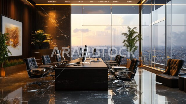 Office tables and chairs, luxury office furniture, modern contemporary designs and decorations, comfortable work environment, office rooms with luxurious interior designs and decorations, modern contemporary design of offices in Saudi companies, huge glass windows and facades, spacious meeting room with a table surrounded by chairs