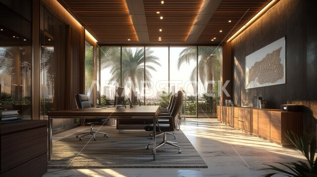 طاولات وكراسي مكتبية، الاثاث المكتبي الفاخر، تصاميم وديكورات عصرية حديثة، بيئة عمل مريحة، غرف مكتبية بتصاميم وديكورات داخلية فخمة، التصميم العصري الحديث للمكاتب في الشركات السعودية، النوافذ والواجهات الزجاجية الضخمة، غرفة اجتماعات واسعة مع طاولة محاطة بكراسي